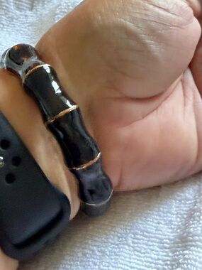 Black Enamel Bamboo-Style Hinged Bangle Bracelet with Gold Accents (Unisex)